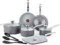 T-fal Fresh Gourmet Recycled Ceramic Non Stick Cookware Set 12 Piece Oven Broiler Safe 500F Lid Safe 350F Kitchen Cooking Set W/Fry Pans Saucepans Dutch Oven Utensils Pots and Pans Set Grey