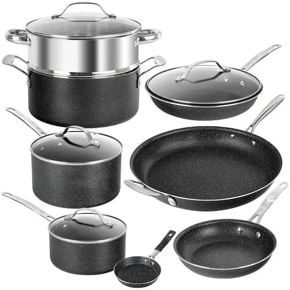 For 12-Piece Aluminum Ultra Diamond Infused Nonstick Cookware Set with Glass Lids