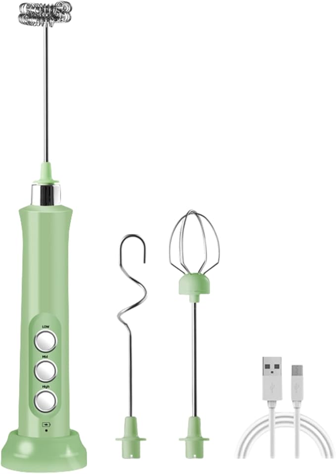 Immersion Blender Handheld 3-in-1 Hand Blender Electric with USB Rechargeable 3 Speeds Stainless Steel Blade Stick Blender with Whisk for Coffee LatteHot Chocolate Egg (Green)