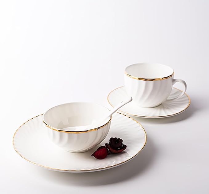 Elegant Porcelain Dinnerware Set with Gold Rim Embossed Wave Pattern 20 Piece Service for 4 Includes Dinner Plates Salad Plates Bowls Cups with Saucers Dishwasher Microwave Safe