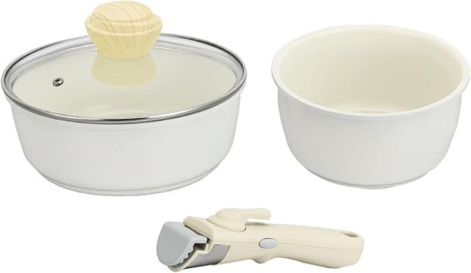 Nonstick Kitchen Cookware Sets 3PCS Pots and Pans Set with Removable HandleKitchen Outdoor Camping Stackable Metal Soup Pot Pans Dishwasher Safe Beige