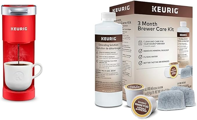 Keurig K-Mini Single Serve K-Cup Pod Coffee Maker Poppy Red &amp 3-Month Brewer Maintenance Kit Includes Descaling Solution Water Filter Cartridges &amp Rinse Pods 7 Count