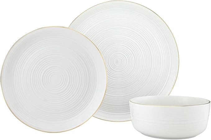 Godinger Porcelain Dinnerware Set - 12-Piece Set 4 Each of 10.5-Inch Dinner Plates 8-Inch Salad Plates and 6-Inch Bowls - White with Gold Rim