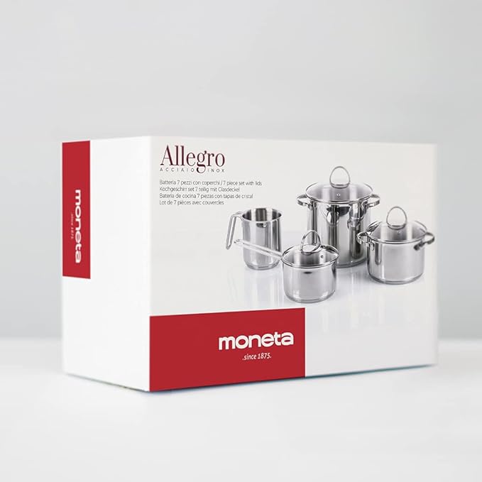 Moneta Allegro Batteria 7 pz in Acciaio Inox: Pentola 22 cm cass. 2 m. 20 cm cass. 1 m. 16 cm bollilatte 12 cm coperchi 16-20-22 cm per ogni piano cottura