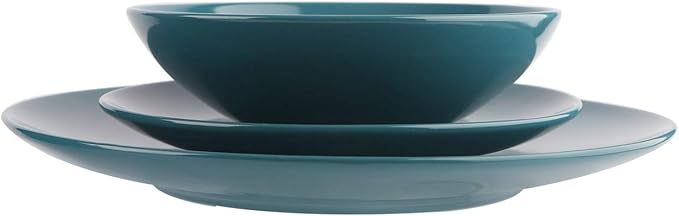 Amazon Basics 18-Piece Stoneware Dinnerware Set Service for 6 Microwave and Dishwasher Safe Plates and Bowls Deep Teal