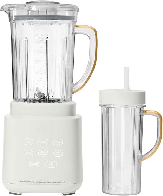PowerExact Blender PrecisionSense Tech 3 Speeds 4 Presets 50oz BPA-Free Jar 20oz To-Go Cup No Drippy Sippy Lid Auto-Clean Dishwasher Safe Ice Crush &amp Smoothies (White Icing)