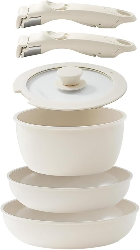 Redchef Ceramic Pots and Pans Set Non Stick Nonstick Kitchen Cookware Sets Non Toxic Pots and Pans Set Non Stick PFAS PFOA &amp PTFE Free Detachable Handle Pots and Pans 6 Piece RV Cookware (Cre