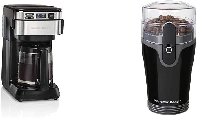 Hamilton Beach Programmable Coffee Maker 12 Cups Front Access Easy Fill Black (46310) &amp Hamilton Beach Fresh Grind 4.5oz Electric Coffee Grinder Black (80335R)