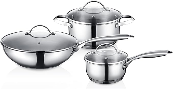 Non-Stick Cookware Set3-Piece Stainless Steel Pots and Pans with Glass Lid for Home Restaurant