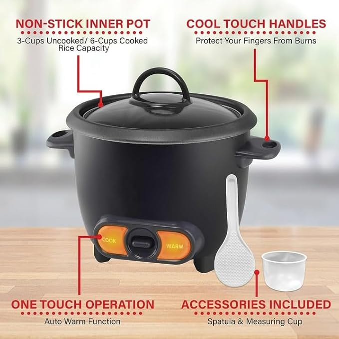 3 Cup Rice Cooker Non-Stick with Glass Lid – Compact 6 Cup Cooked Rice Maker with Spatula &amp Measuring Cup – Small Electric Rice Cooker for Kitchen Black