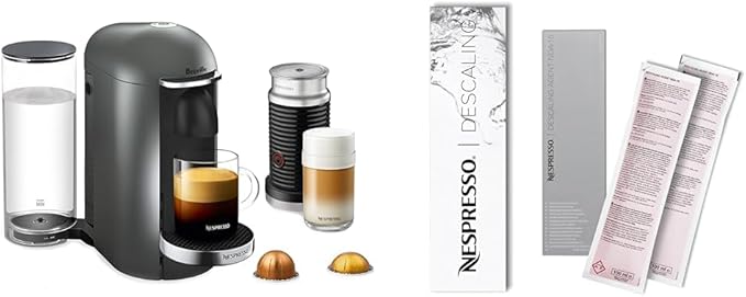 Breville Nespresso Vertuo Plus Deluxe Coffee and Espresso Maker Titan with Aeroccino Milk Frother + Nespresso Descaling Kit