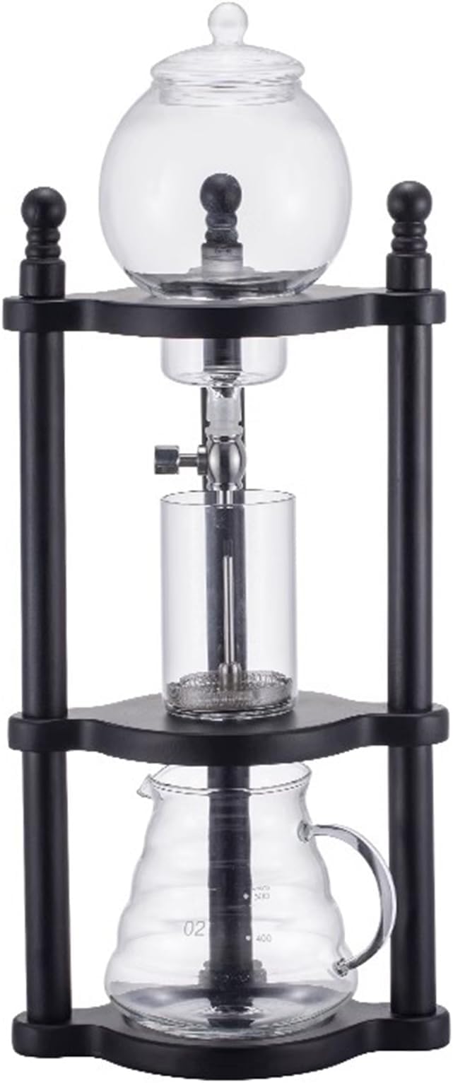 Ice Drip Coffee Maker Cold Brew Coffee Dripper Tower with Adjustable Dripper 600ml Glass Jug Wood Straight Frame for Home Coffee Shop 3-5 Cups (Black)