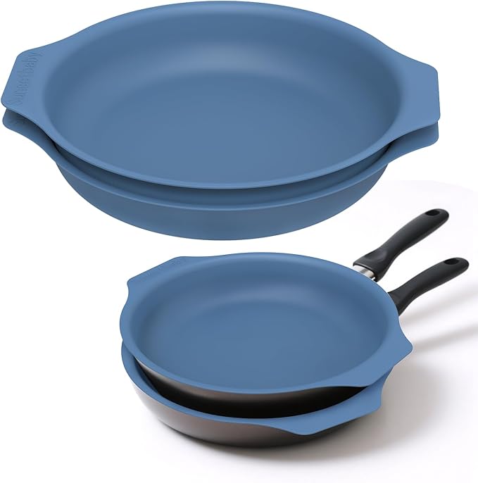 Silicone Pan Protectors for 12-Inch Frying Pans - Non-Slip Stacking Guards BPA-Free &amp Dishwasher Safe | Protect Cookware from Scratches (Blue 2 Pack)