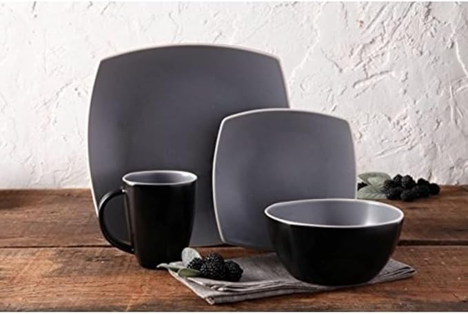 Durable 16 Piece Elegant Square Shape Stoneware Dinnerware Set For 4Soft Matte Glaze Finish | Dishwasher Microwave Oven Safe Stackable | Grey/Black Color Stylish Modern Appearance Sleek Design