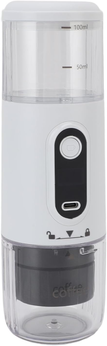 Portable Coffee Maker Self Heating Type C Rechargeable Handheld Capsule Coffee Maker Machine Ground Coffee Capsules 100ml Stable Pressure 2500mAh Battery (White)