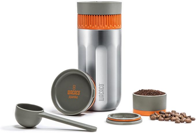 WACACO Pipamoka Portable Coffee Maker Coffee brewer All-in-one Vacuum PressuredInsulated Travel Mug Hand Powered and Filter Pressure Brewer Stainless Steel Thermo Cup 10 fl oz