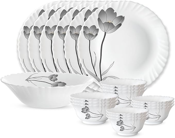 Gourmet Dinnerware Set For 6 19 Pieces White Dinner Plates and Bowls Sets Chip Resistant Tempered Opal Glass Stain Resistant Dishwasher &amp Microwave Safe Dinner Set For Gifting (Black Tulip)