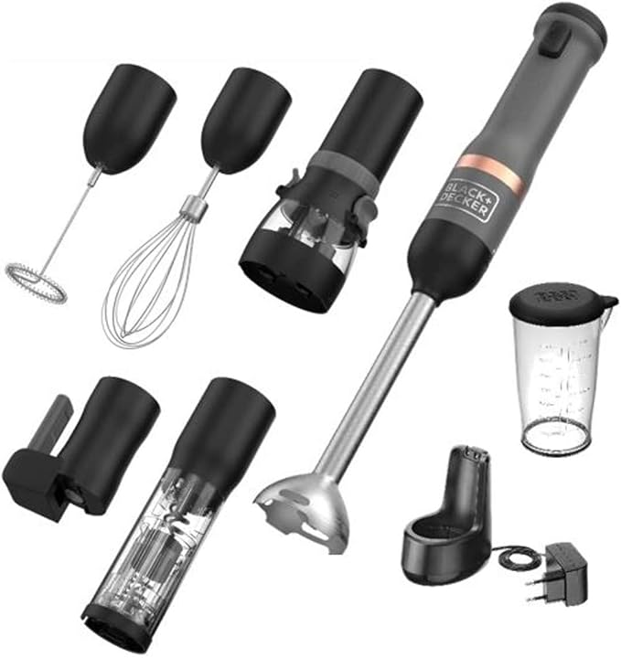 Kit Hand Blender 7.2V Grey with 6 Accessories (Mixer Rods Corks Opener Cans Pepper Shaker Skimmer)