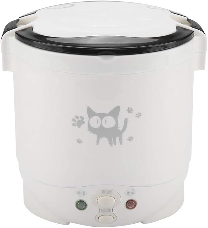 Mini Rice Cooker Steamer 12V 100W 1L Electric Travel Rice Cooker Small Box Multi-function Cooking Steaming Lunch Box for Cars Home Office School Cook Raw Food(White)