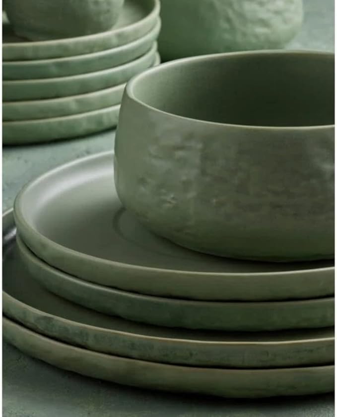 Artistic Design 16 Piece Round Elegant Stoneware Dinnerware Set For 4 | Expertly Crafted Organic Shape With Texture &amp Reactive Glaze Finish| Light Green Color Microwave Dishwasher Safe Luxurious L