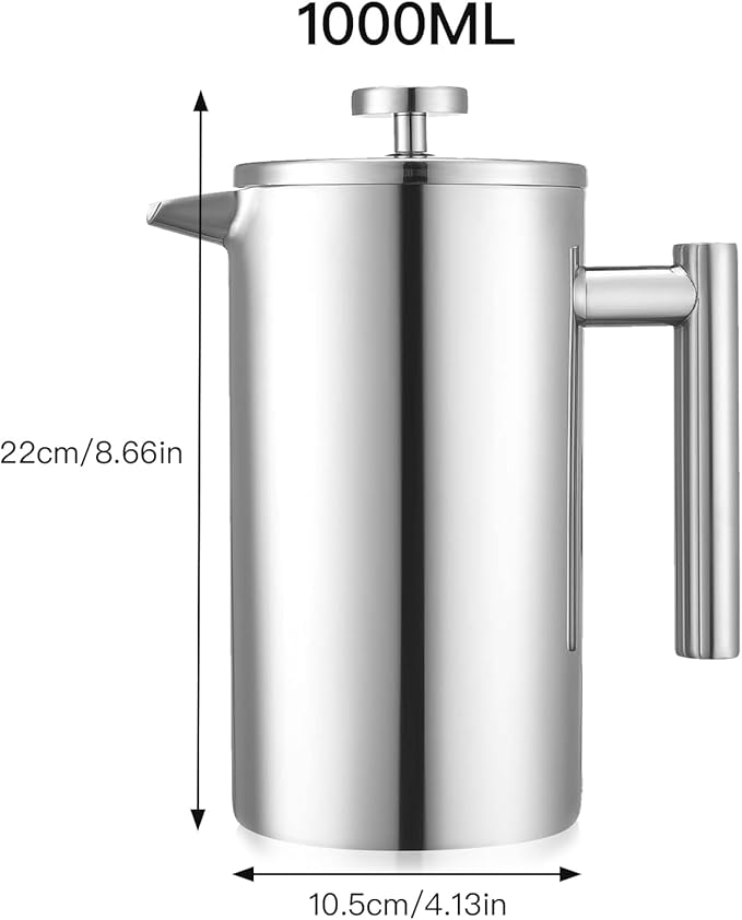 French Press Coffee Maker 34oz/1L Double Wall Stainless Steel Coffee Press with 3 Filters &amp Cleaning Brush Insulated Tea Maker for Home Camping &amp Travel (34 fl oz)
