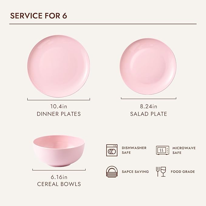 KINGSTONE Bone China Dinnerware Sets 18-Piece Dinnerware Set for 6 Lightweight Durable Dishwasher Safe Tableware for Daily Use with Elegant Design Pink