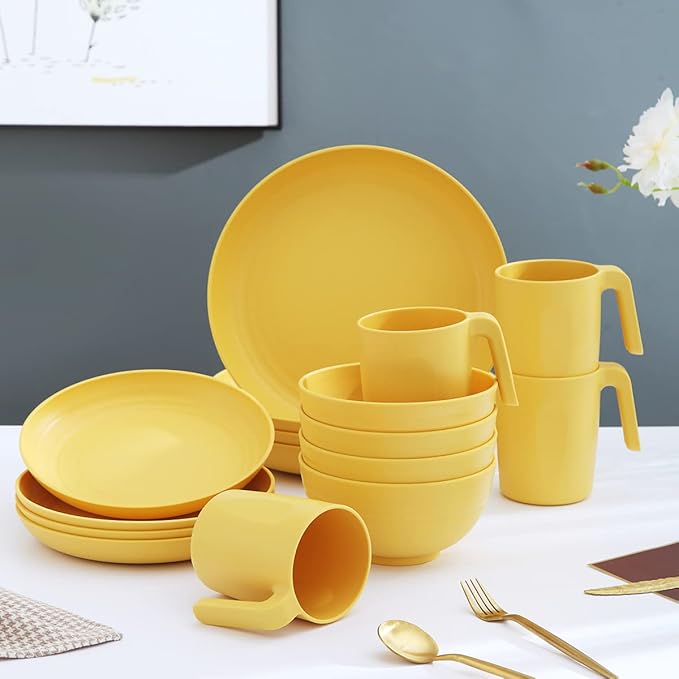 Kyraton Plastic Dinnerware Set of 16 Pieces Unbreakable And Reusable Light Weight Plates Mugs Bowls Dishes Easy to Carry And Clean Microwave Safe BPA Free Dishwasher Safe Service For 4 (Gold Yellow)