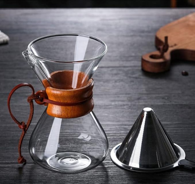 Pissente Pour Over Coffee Maker High Temperature Glass Manual Coffee Dripper Brewer Coffee Drip Brewing Pot with Stainless Steel Filter for Home Café Restaurant Camping (400ml)
