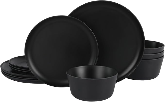 12 Piece Melamine Round Dinnerware Set Matte Green Durable Everyday Dish Set for Indoor &amp Outdoor Dining (Black)