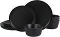 12 Piece Melamine Round Dinnerware Set Matte Green Durable Everyday Dish Set for Indoor &amp Outdoor Dining (Black)