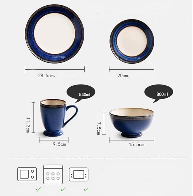 4 Pieces Vintage Blue Porcelain Dinner Set Ceramic Plate Bowl Cup Service for 1 Person