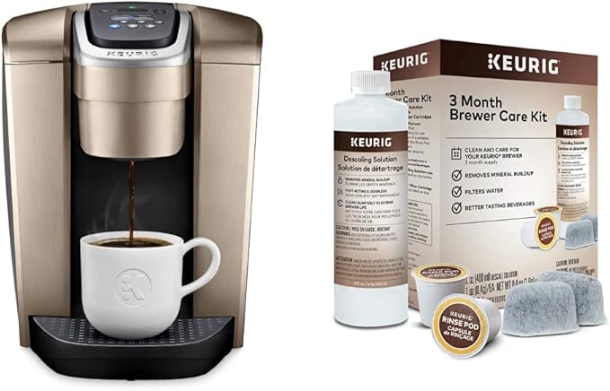Keurig K-Elite Coffee Maker Single Serve K-Cup Pod Coffee Brewer Brushed Gold &amp 3-Month Brewer Maintenance Kit Includes Descaling Solution Water Filter Cartridges &amp Rinse Pods 7 Count