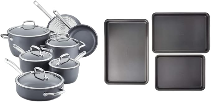 Anolon Accolade Forged Hard Anodized Nonstick Cookware Pots and Pans Set 12 Piece - Moonstone Gray + Anolon Gourmet Nonstick Bakeware Set with Nonstick Cookie Sheets / Baking Sheets - 3 Piece Graphi