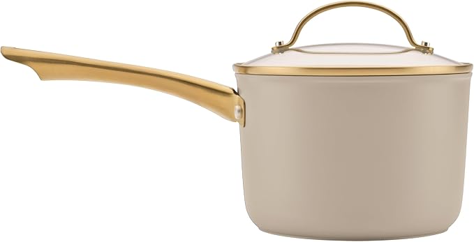 Farberware Forged Induction Ceramic Nonstick Pots and Pans Set with Cooking Tools Dishwasher Safe Gold Color Stainless Steel Handles 12 Piece Cookware Set - Taupe