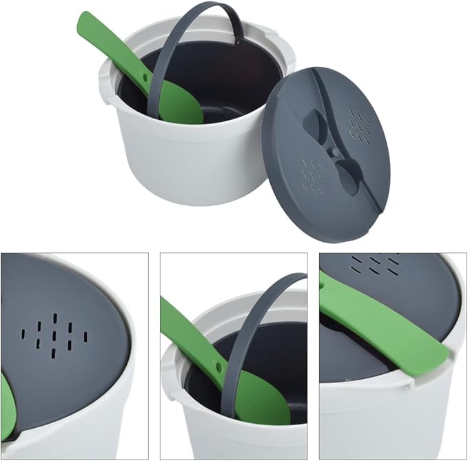 Microwave Rice Cooker 2L Microwavable Rice Steamer Pasta Cooker Non-stick Food Grade PP Rice Cookware Full Set with Lid Spatula and Strainer for Home Meal Prep Baking Noodle Vegetable (Green)
