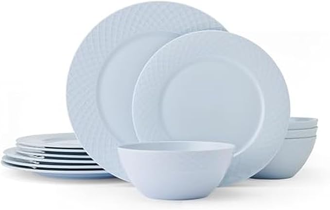 Mikasa Trellis Pastel Bone China Lightweight Chip Resistant 12 Piece Dinnerware Set Service for 4 Misty Blue