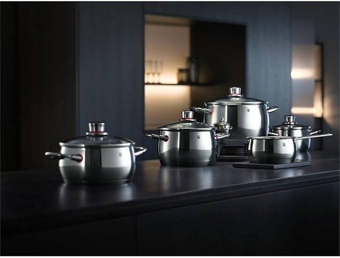 WMF cookware Set 4-Piece Quality One Vapor Hole Glass lid Cromargan Stainless Steel Brushed Suitable for All Stove Tops Including Induction Dishwasher-Safe