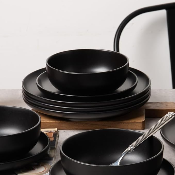 12-Piece Stoneware Dinnerware Set Black Matte Glaze Service for 4 Includes 10 Dinner Plates 7.5 Salad Plates 5.9 Cereal Bowls Microwave and Dishwasher Safe
