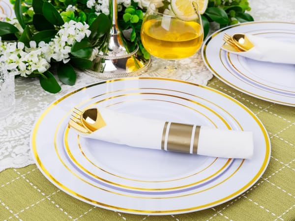 Nervure 400PCS Pre Rolled Gold Plastic Silverware Sets - Heavy Duty Gold Cutlery - Include 100 Pack Wrapped Disposable Utensils with Napkins for Parties Dinners &amp Weddings