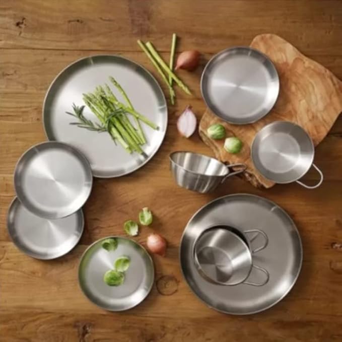 Outdoor Camping Dinnerware SetStainless Steel Plates and Bowls Camping Set 10PStainless 304 for Camping Hiking Beach Outdoor Use