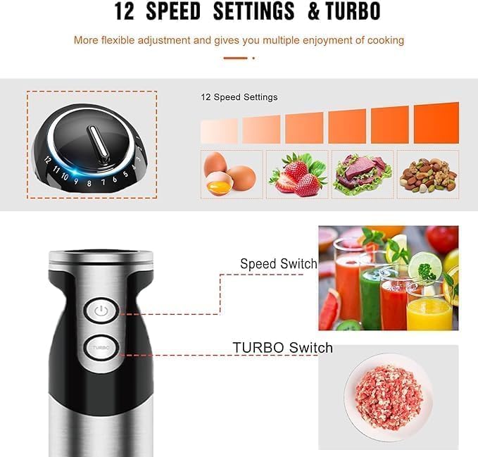 MegaWise Blender Handheld 12-Speed Stainless Steel Electric Hand Blender 5 in 1 Immersion Handheld BlenderTitanium Blades Hand Blender Milk Frother Wandwith 600ml Whisk Beaker and Chopper (black)