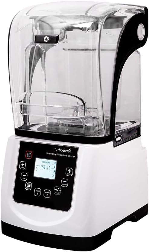 Turbosaver TB-020C Commercial Blender with Sound Enclosure 4HP 2200W Heavy Duty Motor 51 oz BPA-Free Jar Digital Touch Panel Quiet Professional Smoothie &amp Ice Crusher Blender (White)