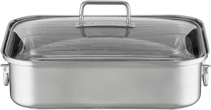 RÖSLE Expertiso Rectangular Roasting Dish with Glass Lid 18/10 Stainless Steel Oven-Safe Induction Safe Dishwasher Safe Silver 38 x 28 cm