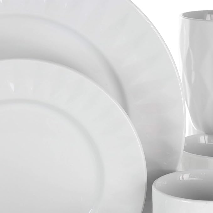 18 Piece White Porcelain Dinnerware Set with Cups and Serving Bowls – Diamond Pattern Plates and Bowls Service for 4 Microwave &amp Dishwasher Safe