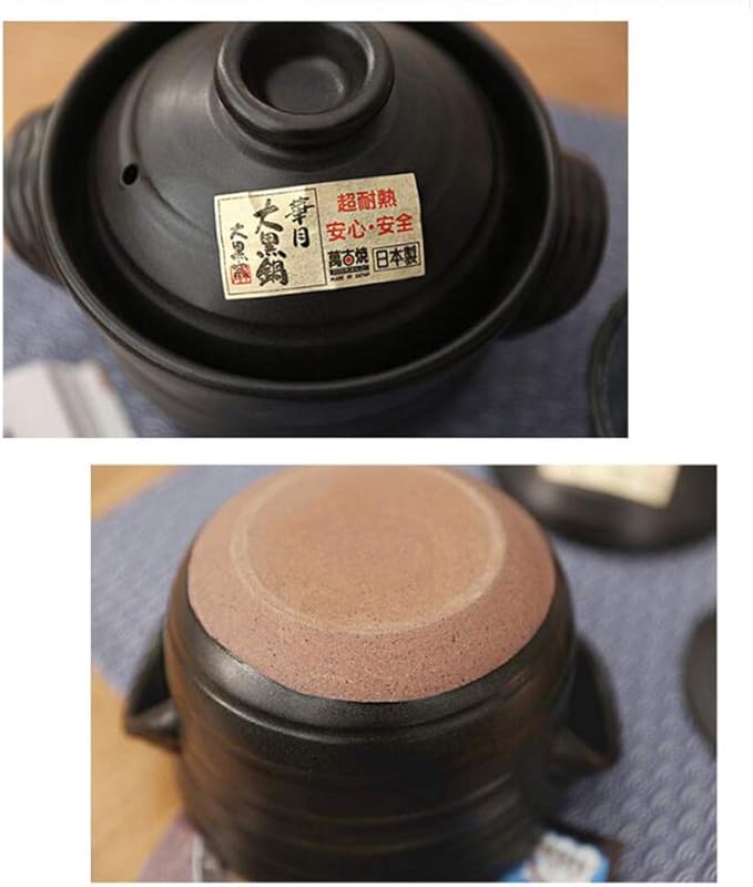 Clay Rice PotJapanese Rice Cooker with Double LidRound Ceramic CasseroleHeat Resistant Glazed Earthenware PotSlow Stew PotStockpotHot Pot Black 0.9l (Black 2.3L)
