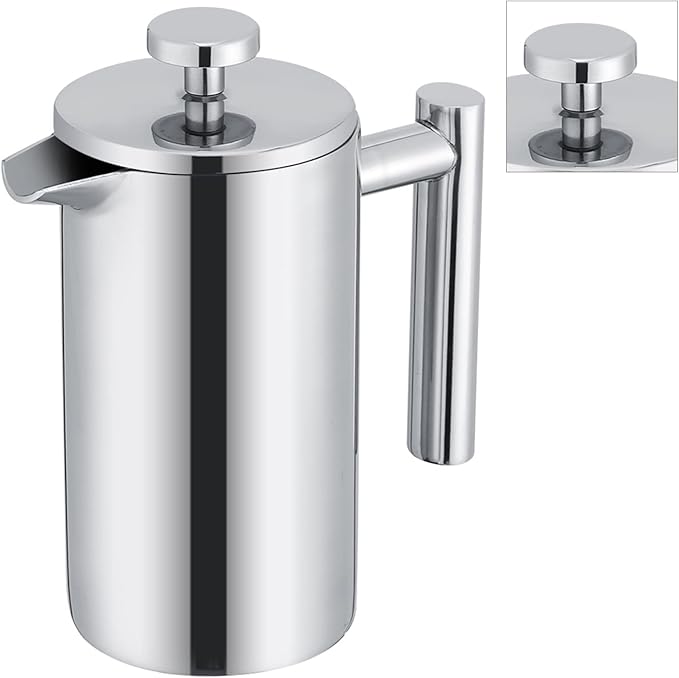 350ML French Press Coffee Maker Stainless Steel Tea Pot with Double Wall Insulated for Hot Coffee and Tea Cool Touch Handle for Pouring Mirror