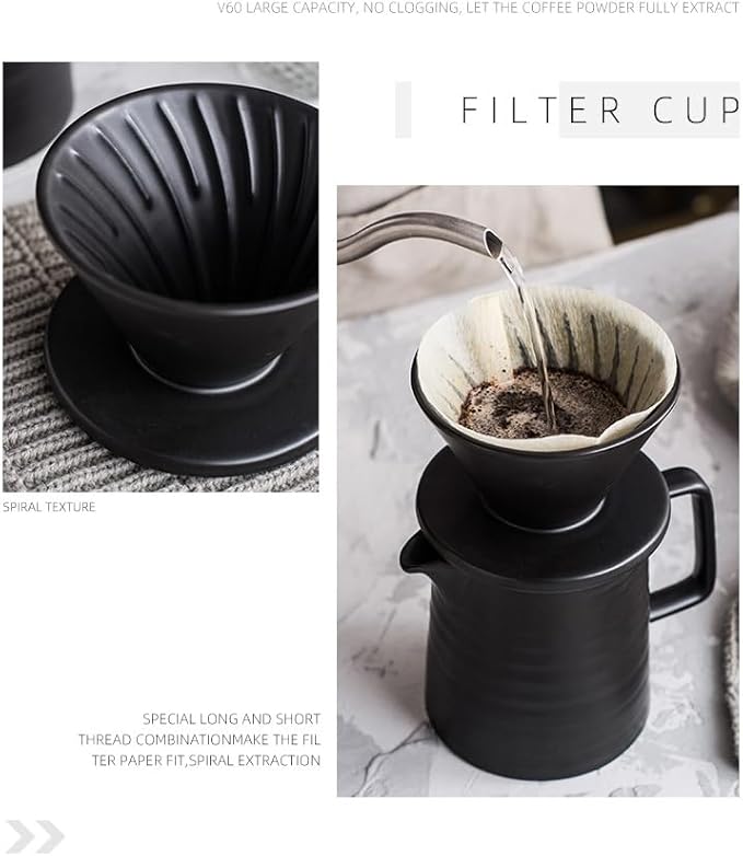 BeeCa Premium Black Ceramic Pour Over Coffee Maker Set 17oz/500ml V60 Brewer Retains Optimal Heat &amp Flavor Includes Paper Filters Home Office Cafe Multi-Serving