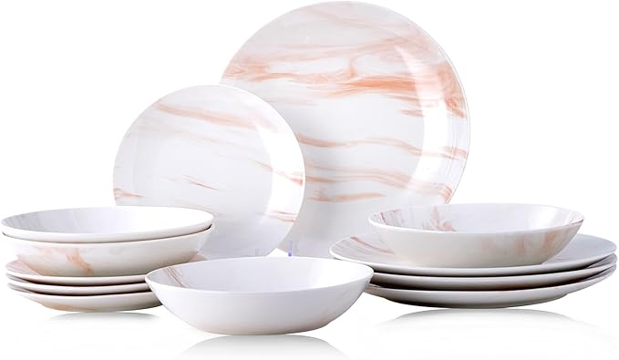 Bestone 12 Pieces Round Kitchen Dinnerware SetsPlates and Bowls setsDishes Plates Bowls Dish SetPlates and BowlsService for 4 Orange and White Marble