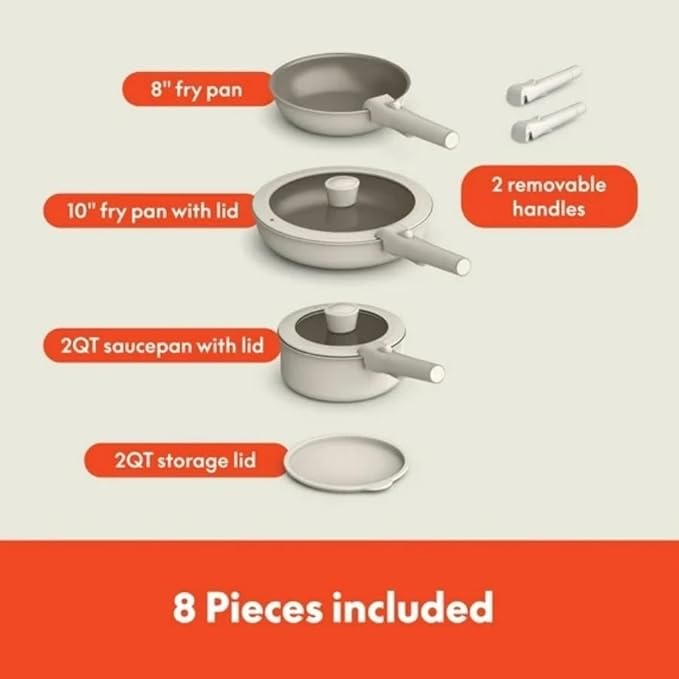 8-Piece Piece Ceramic Nonstick Cookware Set with Removable Handles