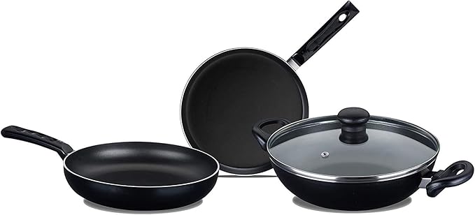 Nirlep by Bajaj Electricals Sakhi Induction-Base Non-Stick 3-Piece Cookware Set with Lid Black